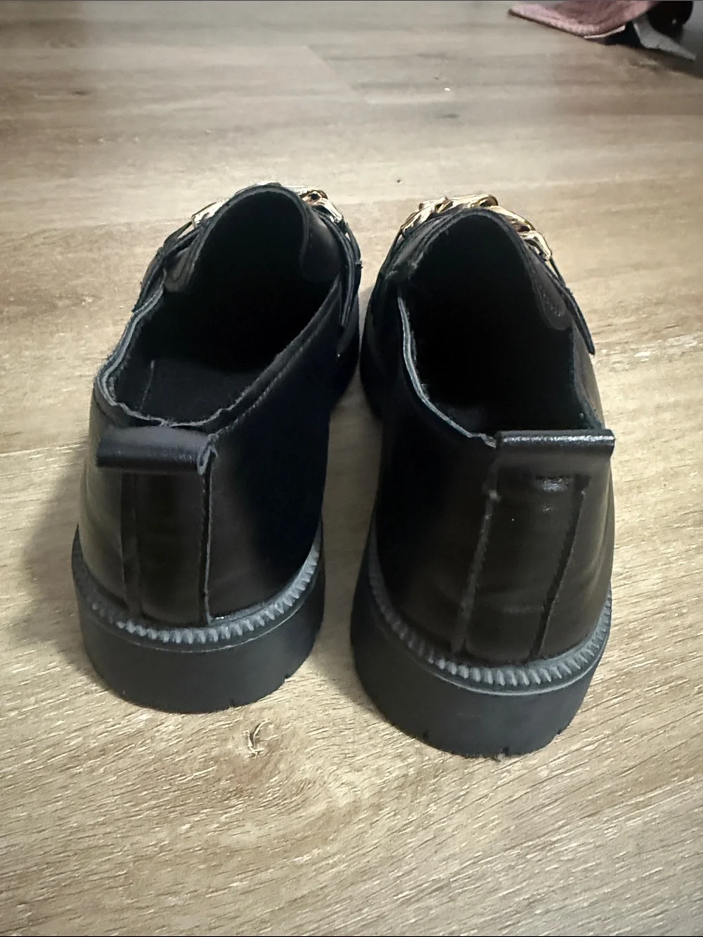 Black faux Leather Loafers with Gold Chain Detail